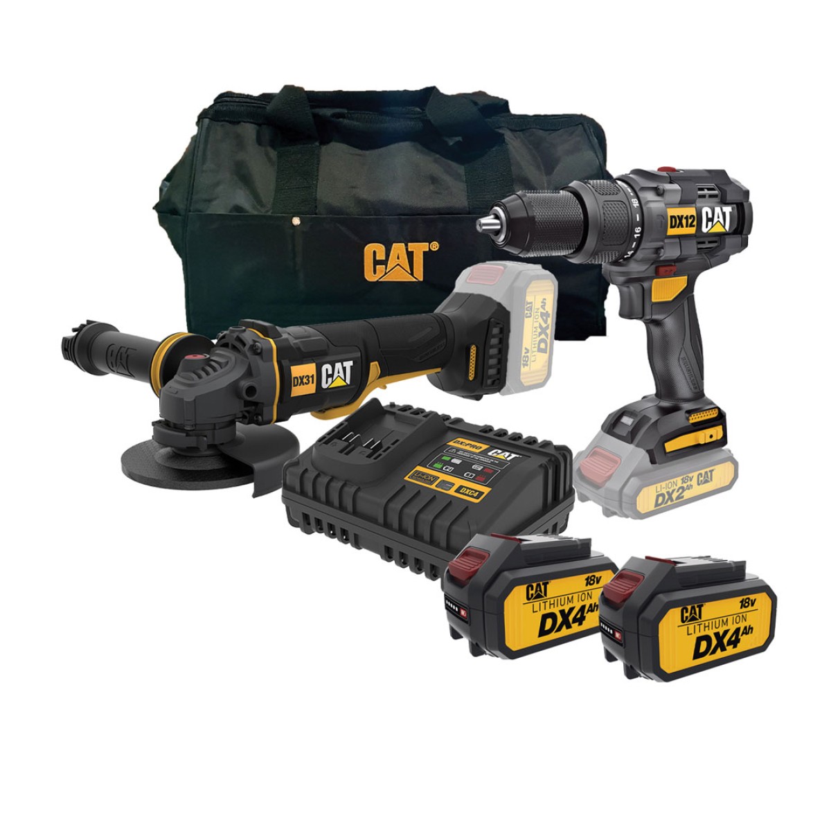 Cat Combo-08 Κρουστικό Δραπανοκατσάβιδο DX12B + Γωνιακός Τροχός 125mm DX314B + Τσάντα Εργαλείων  + Δώρο 2 Μπαταρίες 4.0ΑΗ + Φορτιστής DXC4